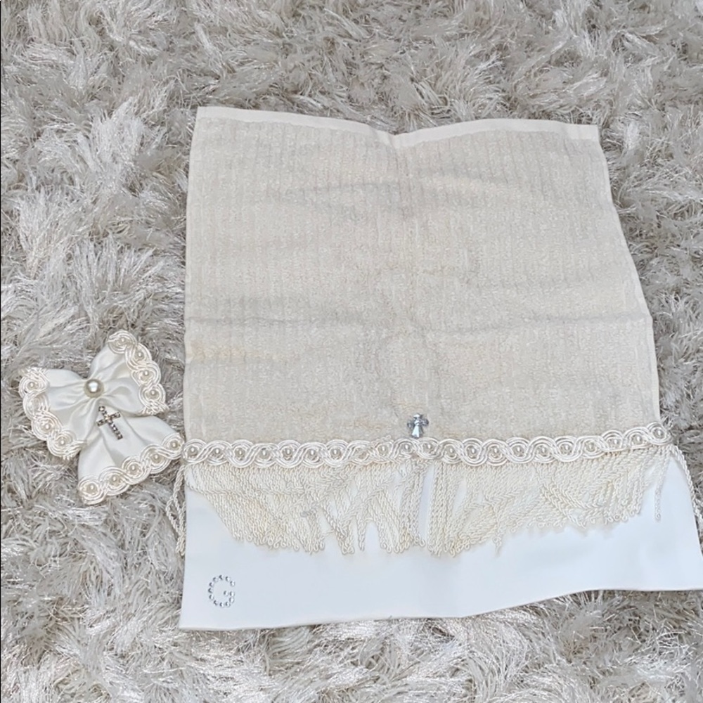 Christening towel and religious armband Custom with G initial in rhinestones